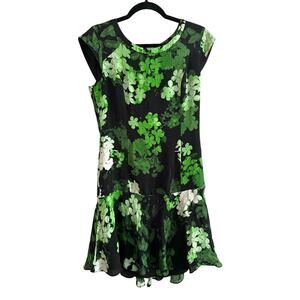 ALI RO Silk Green Black Clover Floral Drop Waist Dress Fairycore Fairy- Sz 8